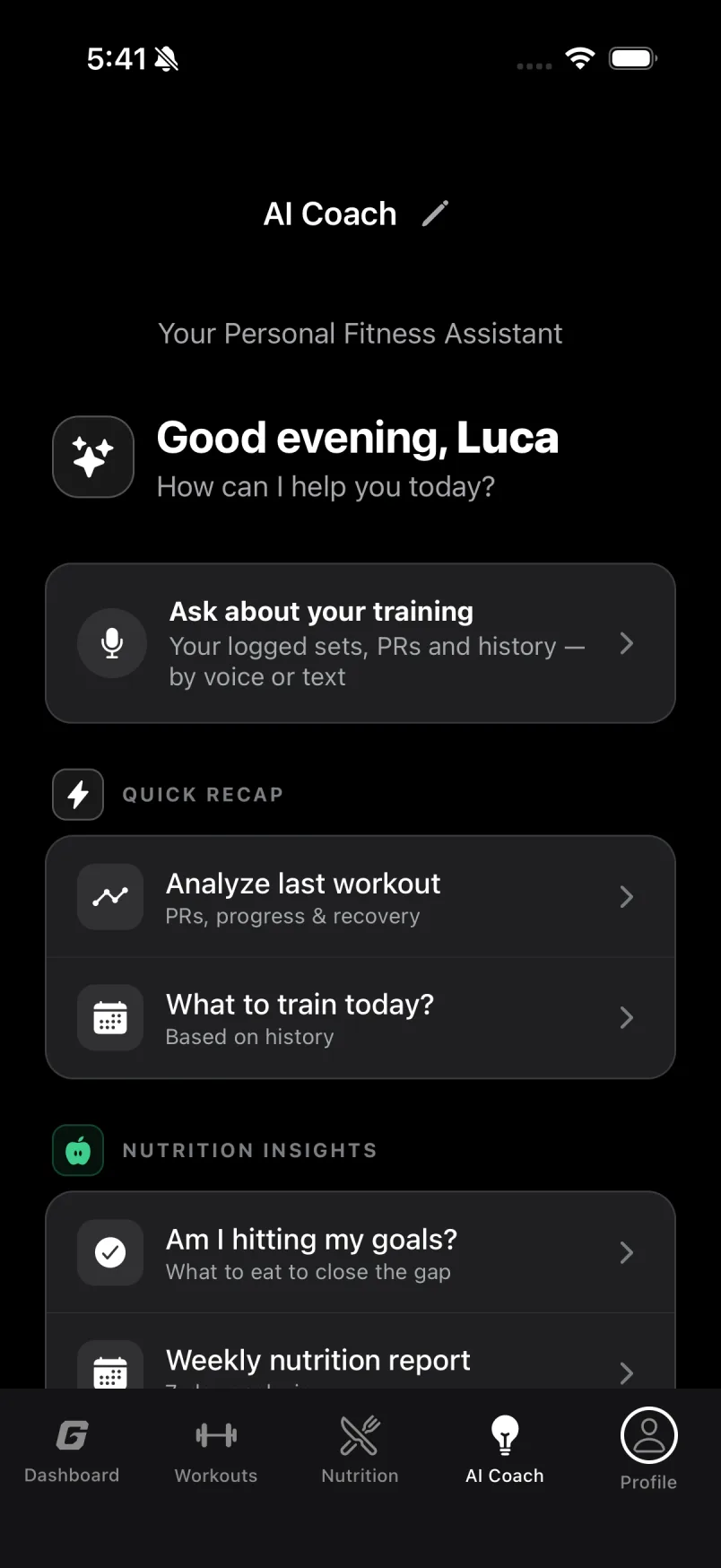 AI Coach tab: Ask about your training, Analyze last workout, What to train today, nutrition insights