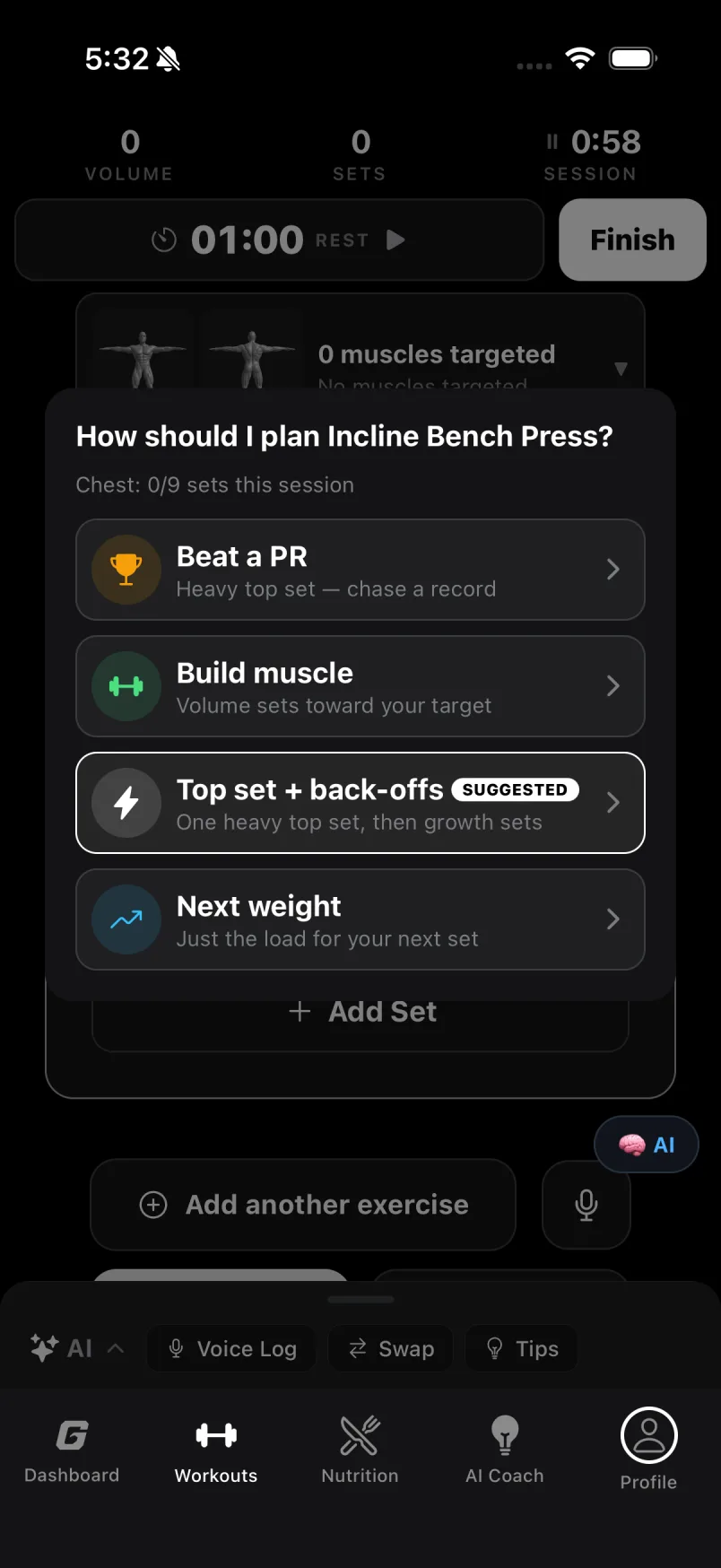 How should I plan Incline Bench Press? Beat a PR, Build muscle, Top set + back-offs, Next weight