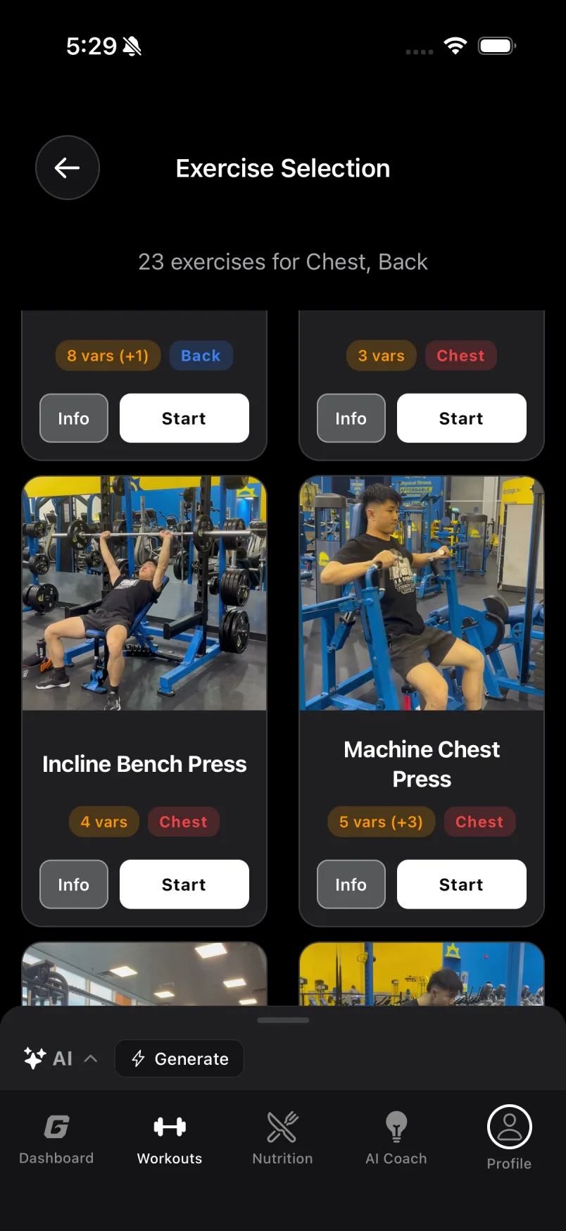 Exercise selection with filmed cards for Incline Bench Press and Machine Chest Press