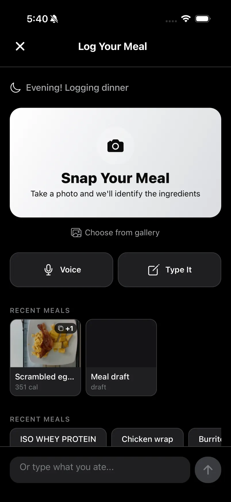 Log Your Meal: Snap Your Meal, Voice, Type It, recent meals