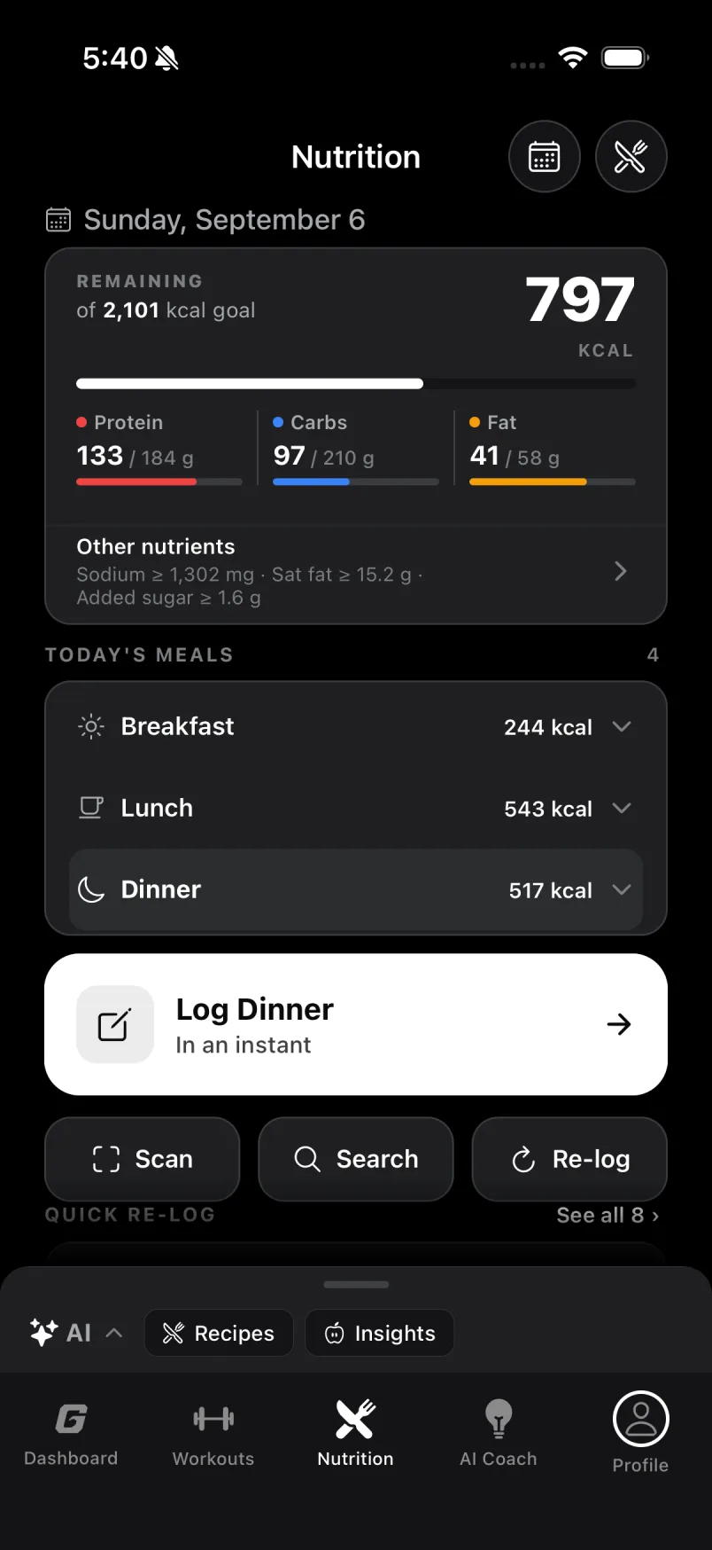 Nutrition tab with remaining calories, macros and today's meals