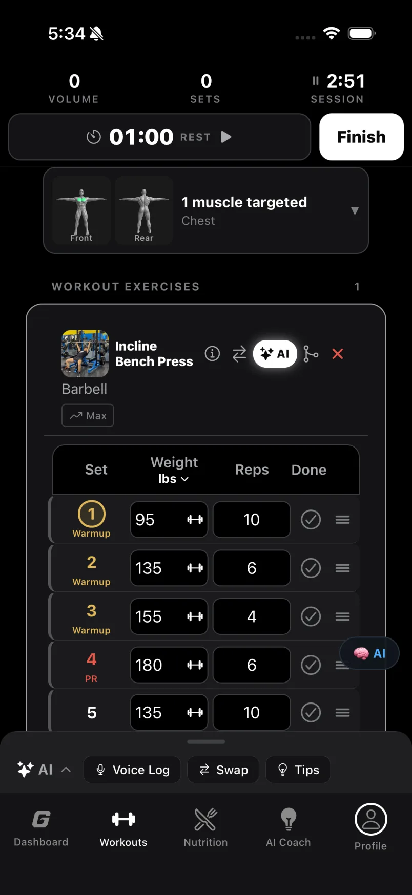 The prescription applied to the exercise card: warm-up, PR and back-off rows