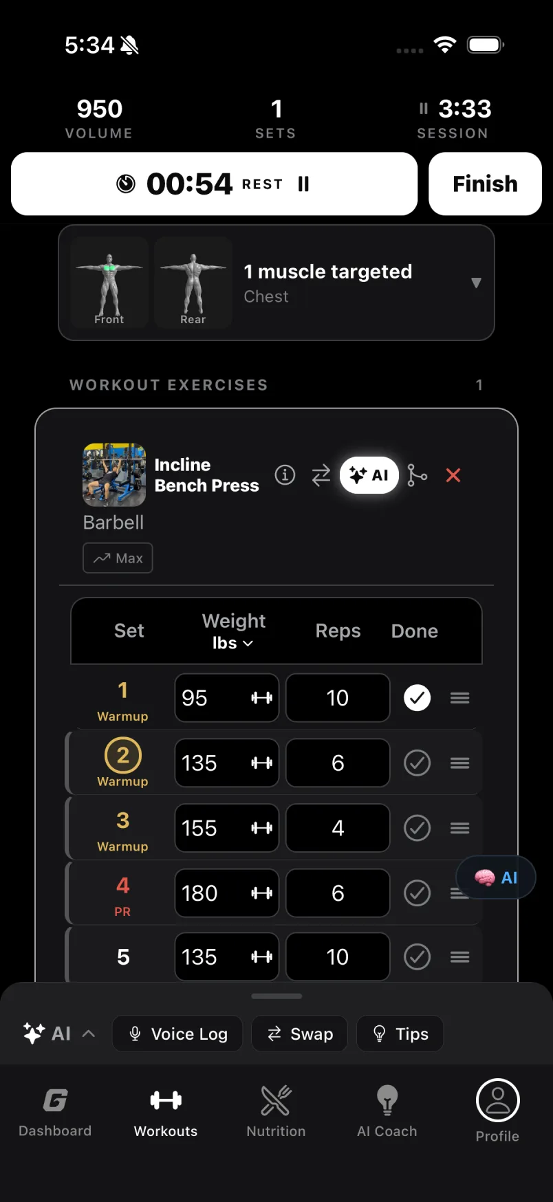 Live workout: rest running, Incline Bench Press set table with warm-up, PR and back-off rows